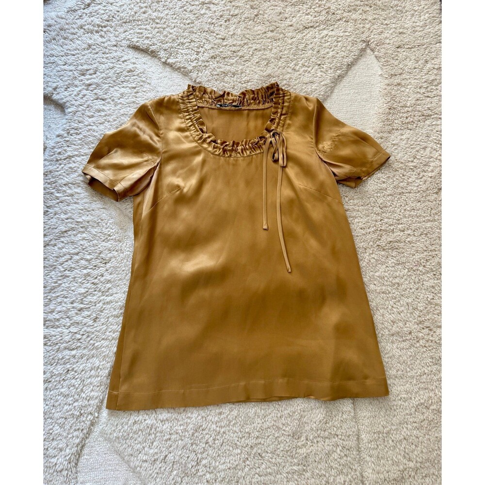 DKNY Women's Gold 100% Silk Blouse Ruffle Scoop Neck Tie Short Sleeve Top